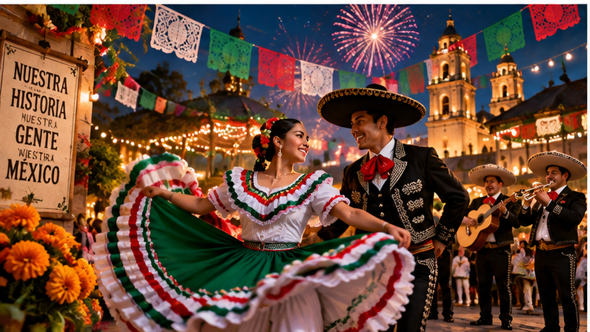 Mexican folkloric dancers and mariachi celebration